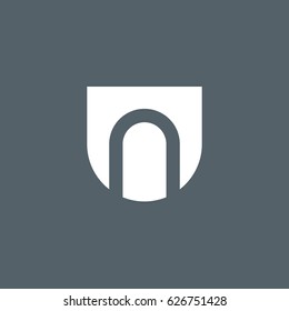 rounded shield shape n logo, Initial logo un, nu, n inside u letter, negative space logo white gray background