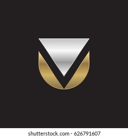 rounded shield shape v logo, Initial logo uv, vu, v inside u letter, negative space logo gold silver