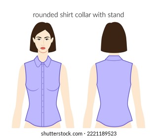 Rounded shirt collar with stand neckline placket clothes character beautiful lady in lavanda top technical fashion illustration. Flat apparel template front, back sides. Women, men unisex CAD mockup