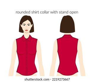 Rounded shirt collar with stand open neckline, plackets clothes character beautiful lady in red top, dress technical fashion illustration. Flat apparel template front, back sides. Women men unisex CAD