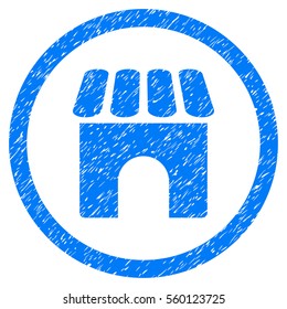 Rounded Shop Building rubber seal stamp watermark. Icon symbol inside circle with grunge design and dust texture. Unclean vector blue sign.