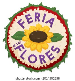 Rounded Silleta Design With Sunflower And Leaves Design And Sign Celebrating Colombian Celebration Of The Festival Of The Flowers -meaning 'Feria De Las Flores' In Spanish-.