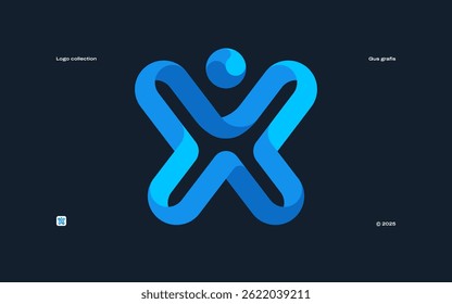 The rounded simple shape logo displays a simple human symbol shape that also resembles the letter X or a butterfly. Suitable for community, education, non-profit, health, internet, etc. companies.