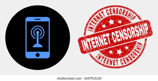 Rounded smartphone wi-fi hotspot pictogram and Internet Censorship seal. Red rounded grunge seal with Internet Censorship caption. Blue smartphone wi-fi hotspot icon on black circle.