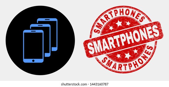 Rounded smartphones icon and Smartphones stamp. Red rounded scratched stamp with Smartphones text. Blue smartphones icon on black circle. Vector composition in flat style.