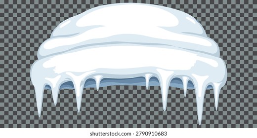 Rounded snow cap with hanging icicles isolated on transparent background for winter decoration seasonal weather effects and frozen climate illustrations