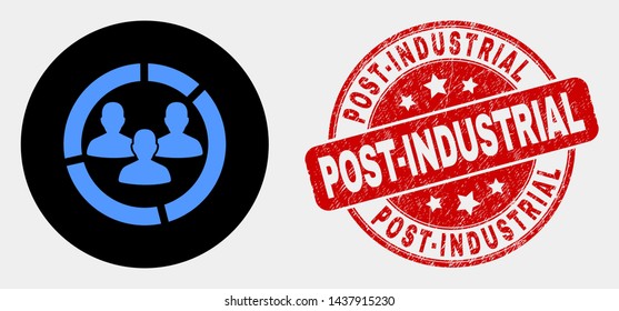 Rounded social pie chart icon and Post-Industrial seal. Red rounded textured seal with Post-Industrial caption. Blue social pie chart icon on black circle.