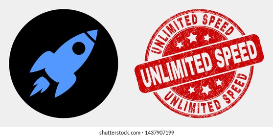 Rounded space rocket icon and Unlimited Speed seal stamp. Red rounded grunge seal with Unlimited Speed text. Blue space rocket symbol on black circle.