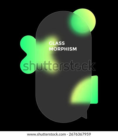 Rounded speech bubble design with glass morphism effect and intersecting geometric figures in bright green gradient.