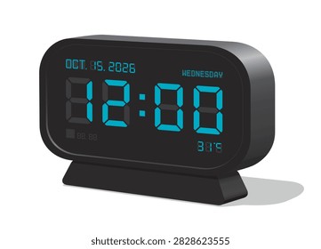 Rounded Square 24 hours Digital Clock in 3D view and Blue Display with Calendar and Temperature Indicator shows 12.00 o'clock, eps