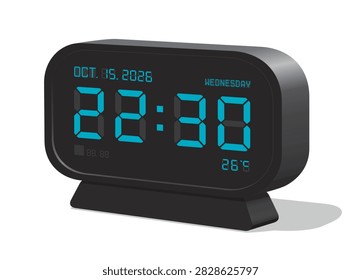 Rounded Square 24 hours Digital Clock in 3D view and Blue Display with Calendar and Temperature Indicator shows 22.30, eps