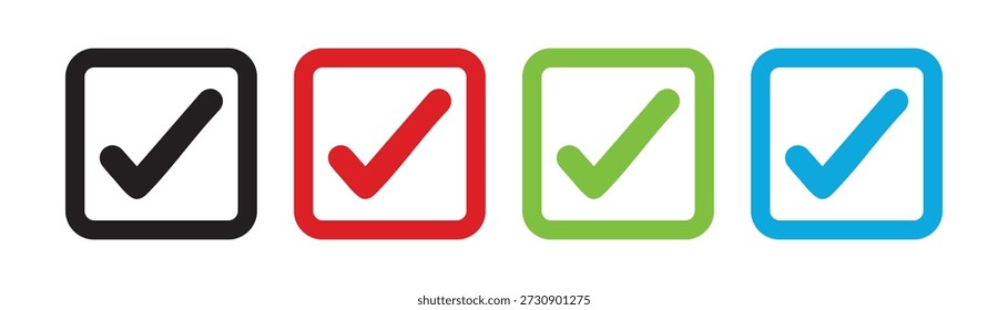 Rounded Square Checkbox Tick Icons – Black Red Green Blue Check Mark Set, Approved Verified UI Status Symbols Vector