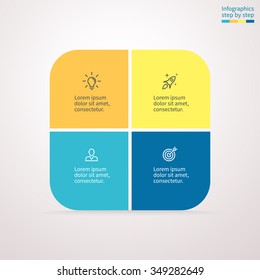 Rounded square diagram, chart. Square with 4 steps, options, parts. Square design element.