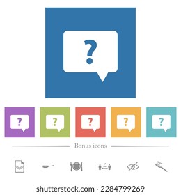 Rounded square help chat bubble solid flat white icons in square backgrounds. 6 bonus icons included.