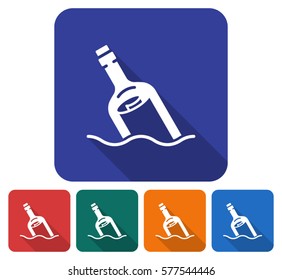 Rounded square icon of  message in a bottle. Flat style illustration with long shadow in five variants background color       