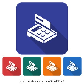 Rounded square icon of  POS-terminal with credit card. Flat style illustration with long shadow in five variants background color         