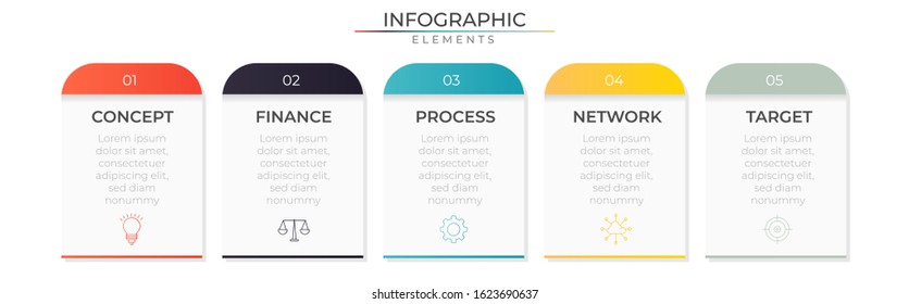 Rounded square infographic design template with icons and five steps. Vector for company or corporate business project and presentation. Eps 10