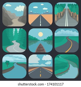 Rounded Square Landscapes Icons in Trendy Flat Style
