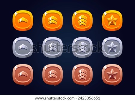 Rounded square patent set. Gold, silver and bronze. Flat 3d effect and highlights. Perfect for games.