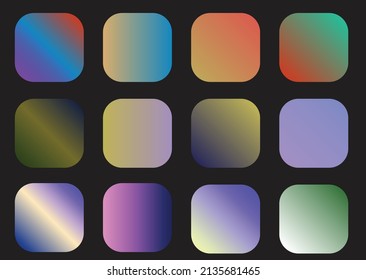 Rounded square, round shapes, holographic gradient button. Multicolor, colorful soft round, vivid color flat vector, colour palette vector, graphic design, banner, poster, mobile app, dynamic cover