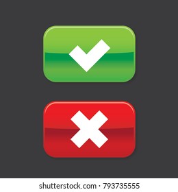 Rounded square shape x & v green checkmark & red cross icons, control panel flat design vector pictogram, infographic interface elements for app logo web button ui ux isolated on black background