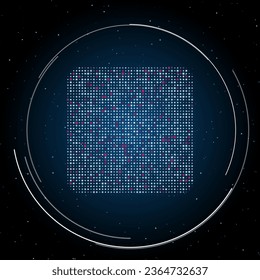 The rounded square symbol filled with white dots. Pointillism style. Some dots is pink. Vector illustration on blue background with stars