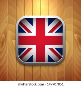 Rounded Square United Kingdom Flag Icon on Wood Texture. Vector Illustration.