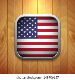 Rounded Square USA Flag Icon on Wood Texture. Vector Illustration.