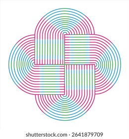 rounded square-like segments arranged in a cross or clover shape. Each segment is made of evenly spaced, concentric curved lines in vibrant alternating colors — pink, blue, and green — creating a hypn