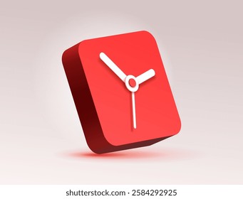 Rounded squre clock icon in 3d flat style, red rectangle timer on gray background. Business watch. Volume vector design element for you project