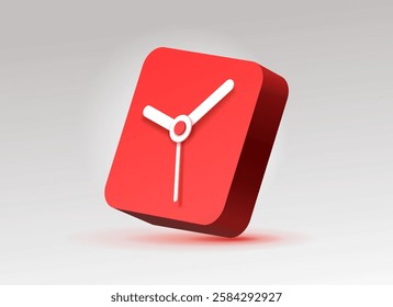 Rounded squre clock icon in 3d flat style, red rectangle timer on gray background. Business watch. Volume vector design element for you project