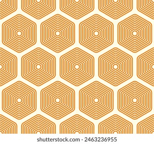 Rounded stacked hexagons mosaic pattern. Orange color tones. Large hexagons. Seamless pattern. Tileable vector illustration.