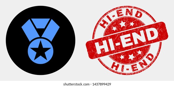 Rounded star award icon and Hi-End stamp. Red rounded scratched stamp with Hi-End caption. Blue star award icon on black circle. Vector composition for star award in flat style.