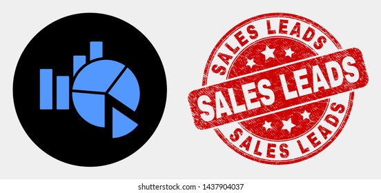 Rounded statistics charts icon and Sales Leads stamp. Red rounded distress stamp with Sales Leads text. Blue statistics charts icon on black circle.