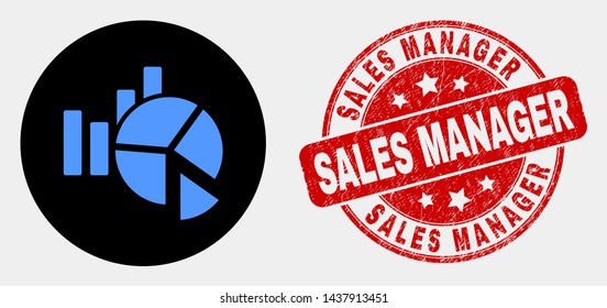 Rounded statistics charts icon and Sales Manager seal stamp. Red rounded scratched stamp with Sales Manager text. Blue statistics charts icon on black circle.