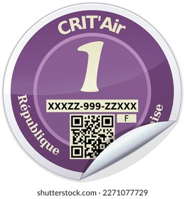 Rounded sticker of a category 1 purple crit'air label, classification of CO2 emissions from vehicles in France (isolated)