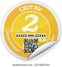 Rounded sticker of a category 2 yellow crit'air label, classification of fine particle emissions from vehicles in France (isolated)