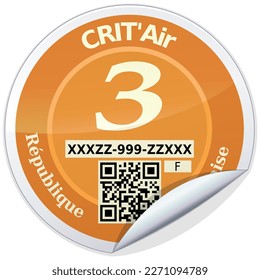 Rounded sticker of a category 3 orange crit'air label, classification of fine particle emissions from vehicles in France (isolated)