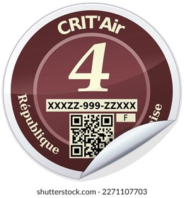 Rounded sticker of a category 4 brown crit'air label, classification of fine particle emissions from vehicles in France (isolated)