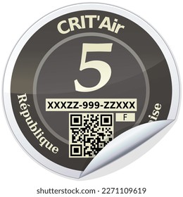 Rounded sticker of a category 5 gray crit'air label, classification of fine particle emissions from vehicles in France (isolated)