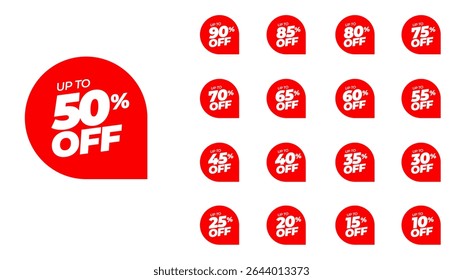 Rounded sticker set, promo badge round shape. Special offer discount on red tags with different value percent off 90, 85, 80, 75, 70, 65, 60, 55, 50, 45, 40, 35, 30, 25, 20, 15, and 10% price save