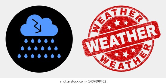 Rounded storm cloud pictogram and Weather seal stamp. Red rounded textured seal stamp with Weather caption. Blue storm cloud icon on black circle. Vector combination for storm cloud in flat style.