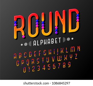 Rounded of stylized abstract italic alphabet and font with colorful round inserts similar to sweets.