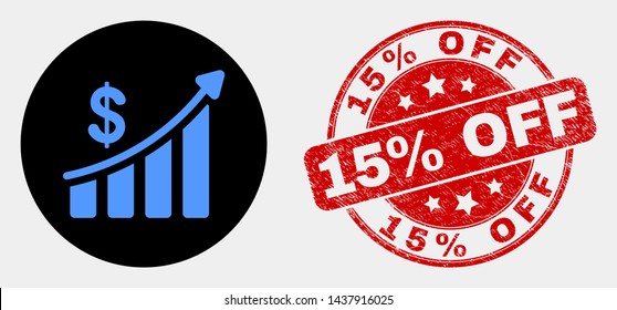 Rounded success financial chart icon and 15% Off stamp. Red rounded scratched seal stamp with 15% Off caption. Blue success financial chart icon on black circle.