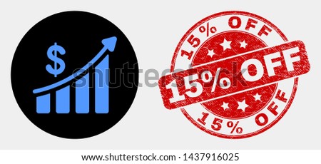 Rounded success financial chart icon and 15% Off stamp. Red rounded scratched seal stamp with 15% Off caption. Blue success financial chart icon on black circle.