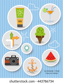 Rounded Summer items labels on blue sky background vector design