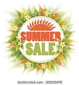 Rounded Summer Sale Tag with leaf, flower, sun, vector isolated on white background