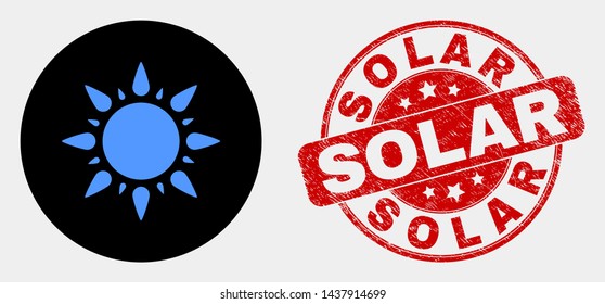 Rounded sun icon and Solar seal stamp. Red rounded scratched seal stamp with Solar caption. Blue sun icon on black circle. Vector composition for sun in flat style.