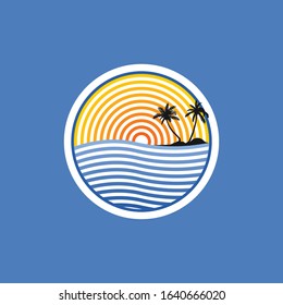 rounded sunset beach logo emblem vector with blue and yellow color for travel and vacation and holiday logo