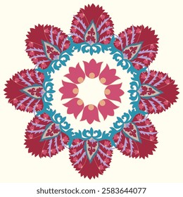 Rounded suzani with blue and red flower. Traditional textile product in Uzbekistan. 